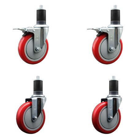 Service Caster 5'' Red Poly Swivel 1-5/8'' Expanding Stem Caster Set 2 Total Lock Brakes, 4PK SCC-EXTTL20S514-PPUB-RED-2-S-2-158